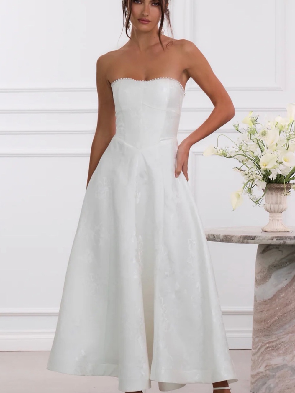 V. Chapman Strapless White Midi Dress